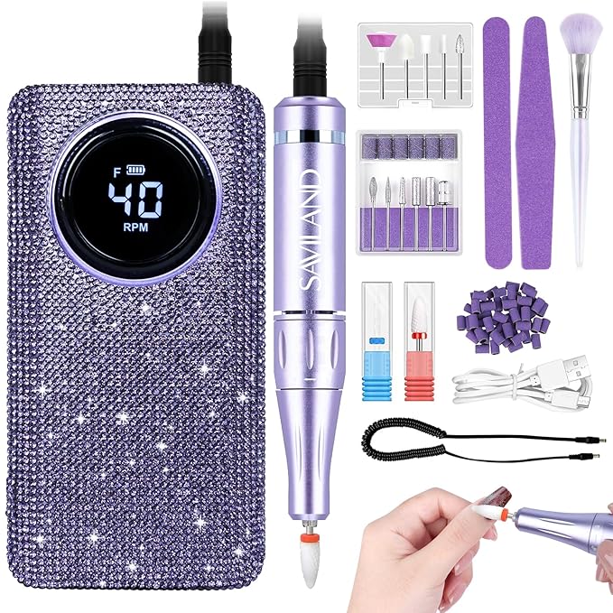 SAVILAND High Speed Nail Drill 40000 RMP: Diamond Shiny Electric Nail File 2600 mAh Rechargeable Nail Drill Kit for Thick Acrylic Nails Removal with Ceramic Drill Bits Sanding Bands Nail Tech Salon