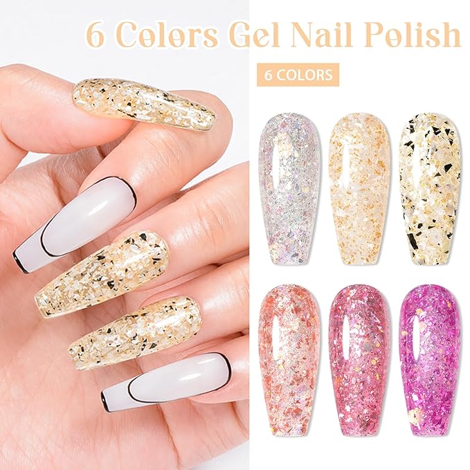 MEET ACROSS Gel Nail Polish Set 6 Pcs Glitter Colors Gel Nail Kit Art Design Soak Off UV LED (SET-6, 6pcs)