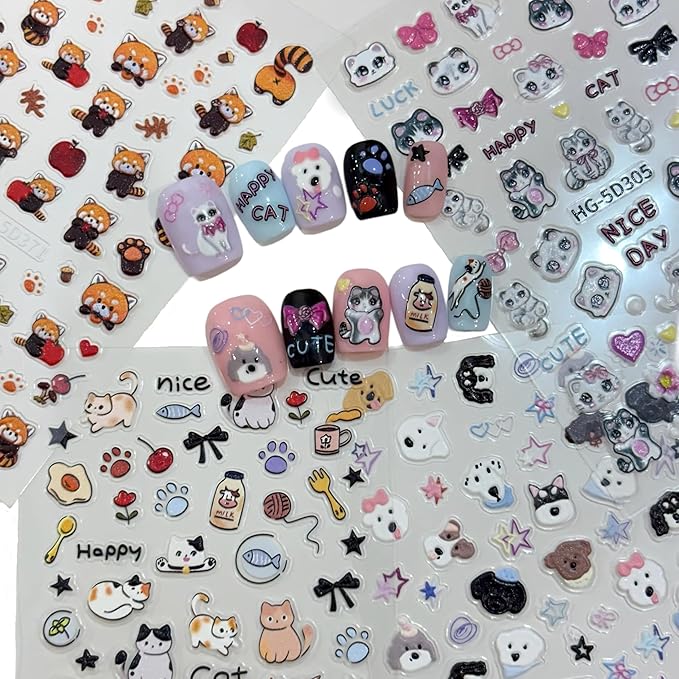 Cute Style Japanese Inspired Embossed Cute Dogs Adorable Cats Tanuki DIY Nail Stickers - Everyday Nail Art Decorations A Set of 4 Sheets