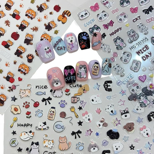 Cute Style Japanese Inspired Embossed Cute Dogs Adorable Cats Tanuki DIY Nail Stickers - Everyday Nail Art Decorations A Set of 4 Sheets