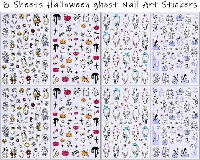 8 Sheets Halloween Nail Art Stickers Decals 3D Self-Adhesive Heart Spider Web Pumpkin Skull Flower Nail Decals Cute Ghost Nails Decorations Gothic Nail Stickers for Women Halloween Manicure Supplies