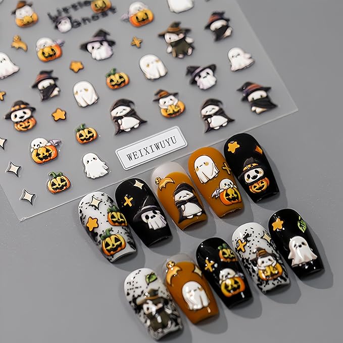 5D Embossed Halloween Nail Art Stickers Cute Ghost Self-Adhesive Pegatinas Uñas with Stars Leaf Pumpkin Designs Nail Decals Halloween DIY Manicure Supplies for Women Girls Nail Art Decoration 1Sheets
