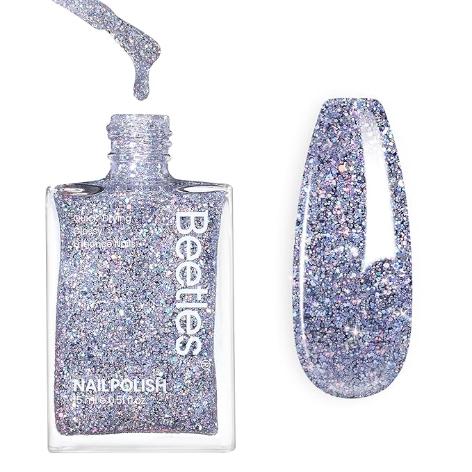Beetles Silver Glitter Nail Polish, 1Pcs 15ml Silver Color Sparkle Nail Polish Quick Dry, Holographic Nail Lacquer Art Effect for Nail Salon DIY at Home, Nail Art Design for Women