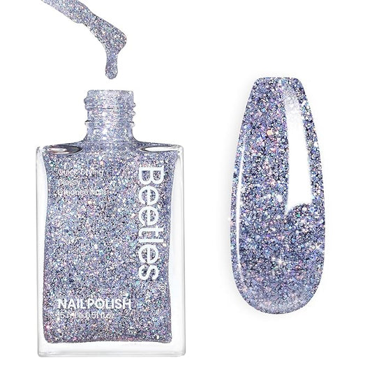 Beetles Silver Glitter Nail Polish, 1Pcs 15ml Silver Color Sparkle Nail Polish Quick Dry, Holographic Nail Lacquer Art Effect for Nail Salon DIY at Home, Nail Art Design for Women