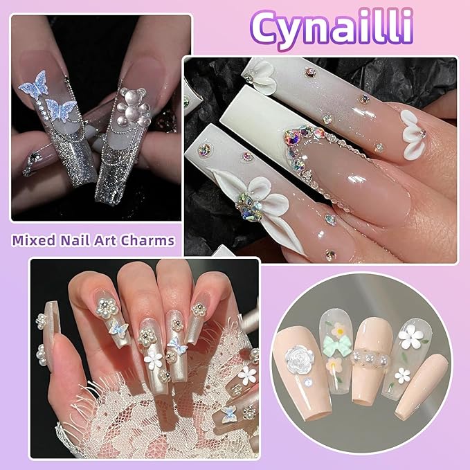 3D Nail Charms Set, Color Flower Bow Moon Heart Star Nail Art Charms, Half Round Pearl & Flatback Gems AB, Hollow Butterfly Alloy Nail Art Supplies DIY Accessories