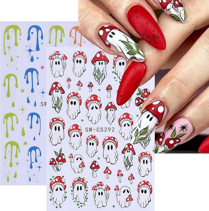 Halloween Stickers for Nails Art 12PCS 3D Cute Ghost Skull Nail Decals with Tweezers Self Adhesive Luminous Designs Acrylic Nails Supplies Bat Skeleton Spider Web Stickers for Women Girl DIY Decor
