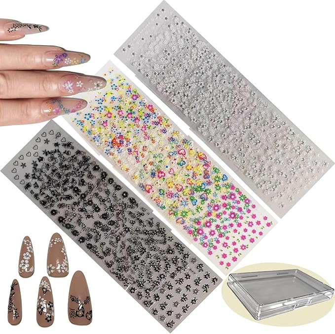 30 Sheets Flower Nail Art Stickers White Black Colorful 3D Self-Adhesive Nail Decals for Women Girls, DIY Manicure Designs Fake Nails Decorations Salon Supplies