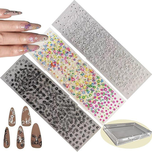 30 Sheets Flower Nail Art Stickers White Black Colorful 3D Self-Adhesive Nail Decals for Women Girls, DIY Manicure Designs Fake Nails Decorations Salon Supplies