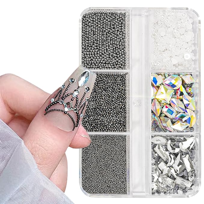 3D Nail Art Charms - Black Mineral Caviar Beads & Rhinestones Mix Size Multishape AB Pearls for Acrylic Nails DIY Craft Decoration