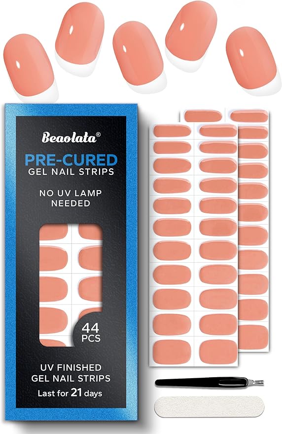 Pre Cured Gel Nail Strips - 44PCS Salon Quality Gel Nail Stickers - Long Lasting Polish Wraps for Women no UV Light Needed Easy Apply& Remove (Coral Orange)