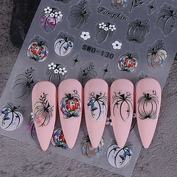 Pumpkin Nail Art Stickers 3Sheets 5D Embossed Nail Stickers Cute Pumpkins Leaves Flowers Design Nail Decals Fall Self-Adhesive Nail Supplies for Women Halloween Thanksgiving Day Nail Decoration