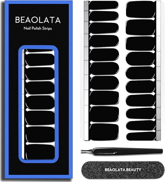 Nail Polish Strips Long Lasting, 20Pcs Wraps, Easy Apply& Remove Salon Quality Gel Nail Stickers (Total Black)