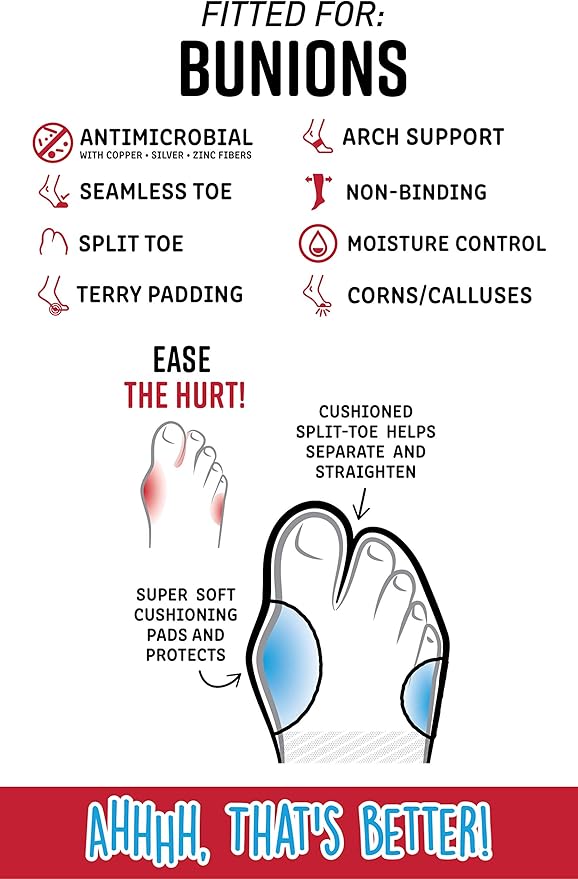 Doctor's Choice Bunion Relief Crew Sock with Split Toe Separator and Soft Cushioning for Hallux Valgus, (White/Black, Medium) Womens Shoe Size: 6-10