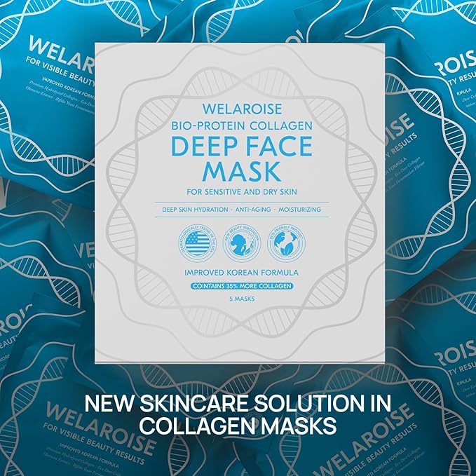 Welaroise Bio Protein Collagen Hydrogel Deep Face Mask - 35% More Collagen, Intense Hydration & Moisturization, Firming, Anti-Aging, Skin Renewal, Korean Skincare (Pack of 5)