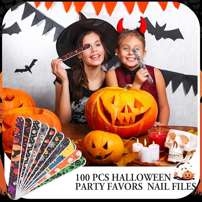 100 Pcs Halloween Nail Files Gift for Women 7 Inch Large Emery Board Nail File for Natural Nails Double Sided 180 Grit Pumpkin Bat Spider Skull Emery Board Manicure Tools for Party Supplies