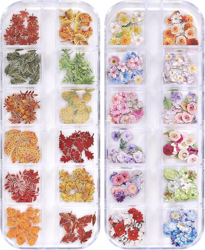 600Pcs 3D Flower Nail Art Charms Sequins Decals Colorful Mixed Flowers Leaves Design Slice Nail Flowers Ultra Wood Pulp Flakes Sequins