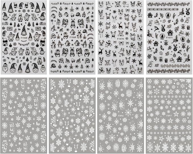 8Sheets Snowflake Nail Art Stickers 3D Xmas Nail Decals White Glitter Snow Nail Design Cartoon Elk Snowflake Snowman Bell Reindeer Sticker Foil Manicure Winter New Year Christmas Nail Decoration