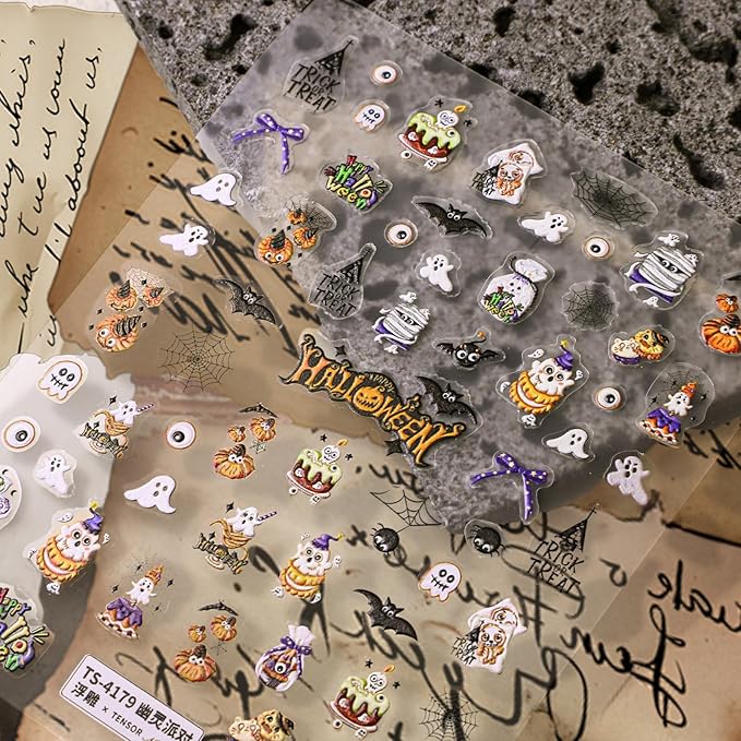 Halloween Nail Stickers for Nail Art - Cute Ghost Nail Art Sticker Halloween Bat Witch Hat 5D Embossed Nail Decals Self-Adhesive Nails Supply Manicure Stickers for Nails Decoration（Ghost Party）