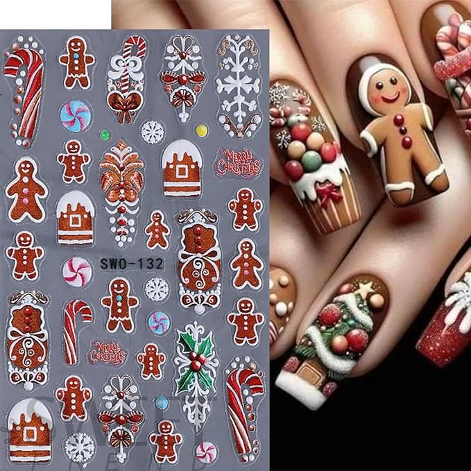 2Pcs Christmas Nail Stickers Snowflake Decals for Nail Art Red Bow Nail Design 5D Embossed Christmas Gift Nails Art Supplies Fawn Pine Tree Nails Accessories for Women DIY Manicure Art Decoration