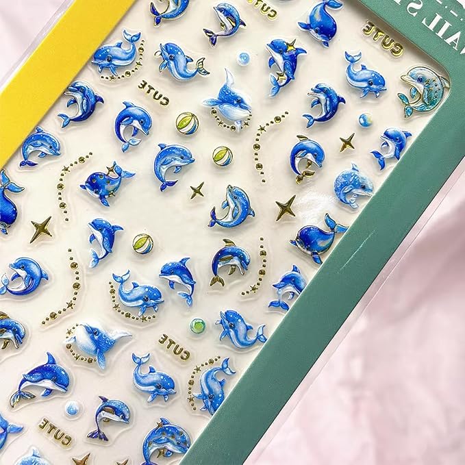 1 Sheets Summer Nail Art Stickers 5D Embossed Beach Cute Dolphin Stars Designs Self Adhesive Nails Supplies Blue Summer Sea Theme Manicure Decorations for Women Exquisite Cardboard Kit
