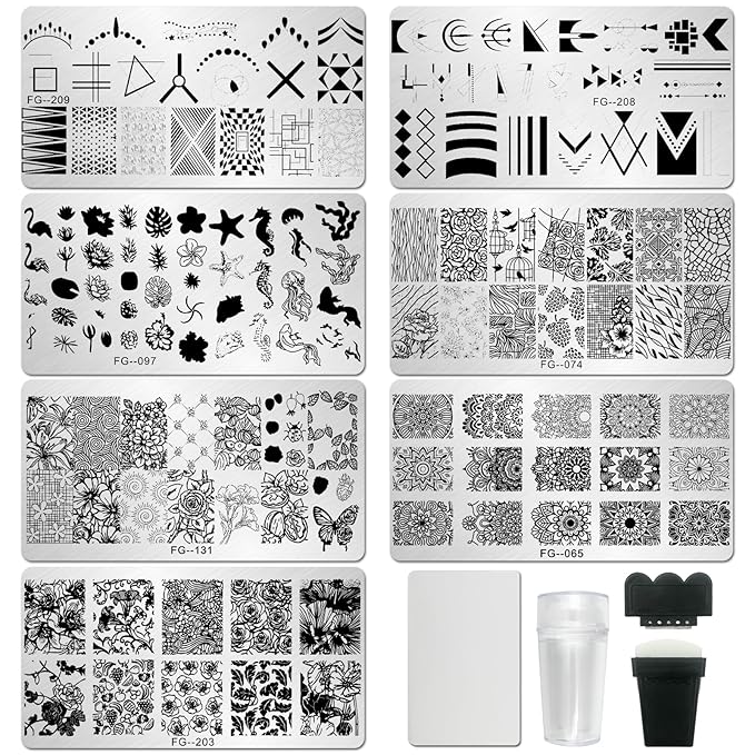 AddFavor Nail Stamper Kit 7pcs Nail Stamping Plates Flower Geometric Mandala Animal Image Nail Stencils with 2 Stamp and 2 Scraper for Home Salon Manicure Design Supplies Tools