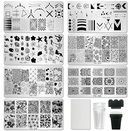 AddFavor Nail Stamper Kit 7pcs Nail Stamping Plates Flower Geometric Mandala Animal Image Nail Stencils with 2 Stamp and 2 Scraper for Home Salon Manicure Design Supplies Tools