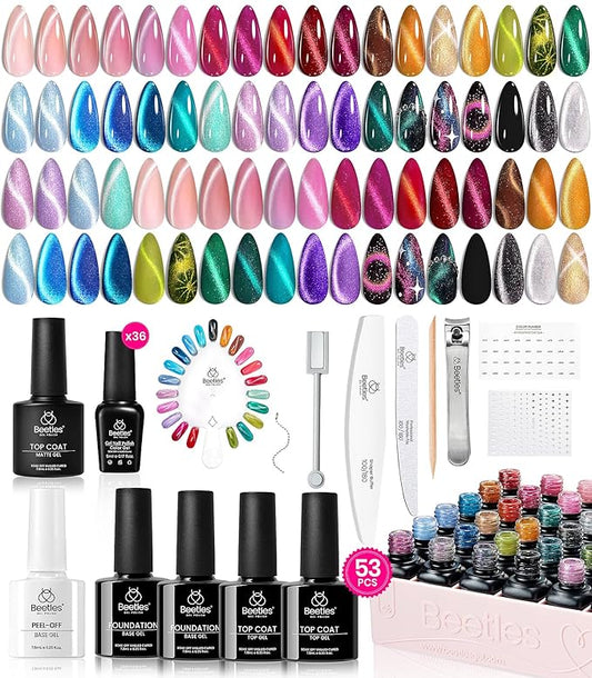 Beetles Cat Eye Gel Nail Polish Set - 36 Colors Red Purple Brown Green Burgundy Magnetic Gel Nail Polish with Magnet Base Coat Glossy Matte Top Coat Soak off UV DIY Nail Art Gift for Women