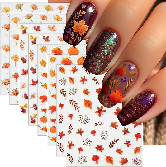 8 Sheets Autumn Maple Leaf Nail Stickers, Thanksgiving Pumpkin Nail Stickers 3D Self-Adhesive Maple Leaf Nail Decals Autumn Glitter Ginkgo Leaf Nail Decals for Women Nail Designs