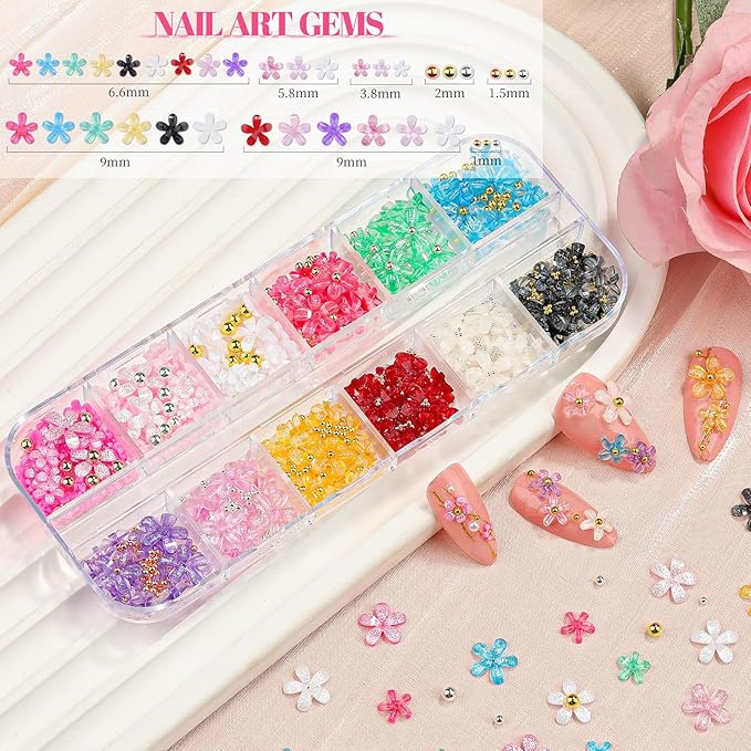 3 Boxes 3D Flower Nail Charms and Gems - Colorful Nail Flower & Metal Butterfly Charms Clear Rhinestones Gemstones Silver/Gold Caviar Beads White Pearls with Nail Chain for DIY Nails (14-S3-Mixed3)
