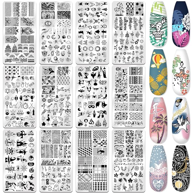 Biutee Nail Stamper Kit 22Pcs Gel Nail Stamping Kit 12Pcs Nail Stamping Plates 8Pcs Gel Stamping Polish, Silicone Stamper Scraper Flower Lace Holiday Stamp Template Halloween Christmas Gift for Women