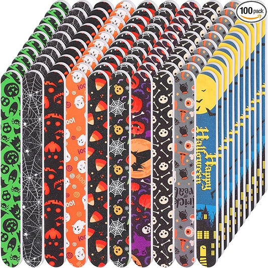 100 Pcs Halloween Nail Files Gift for Women 7 Inch Large Emery Board Nail File for Natural Nails Double Sided 180 Grit Pumpkin Bat Spider Skull Emery Board Manicure Tools for Party Supplies