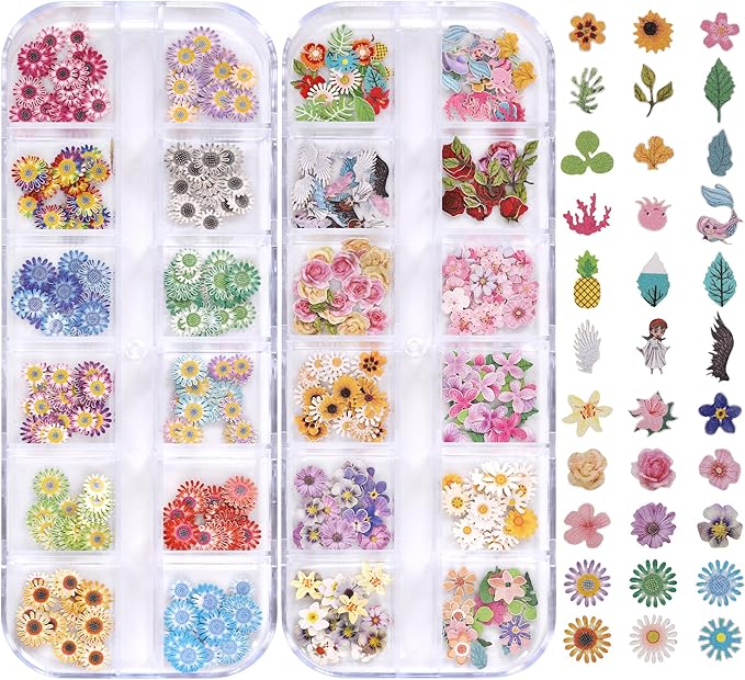 600Pcs 3D Flower Nail Art Charms Sequins Decals Colorful Mixed Daisies Flowers Leaves Design Slice Nail Flowers Ultra Wood Pulp Flakes Sequins 5