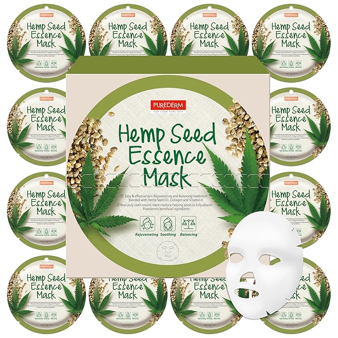 Purederm Hemp Seed Essence Mask (12 Pack) – Hemp Seed Oil, Collagen, and Vitamin E Effectively, Moisturize and Soothe the Skin