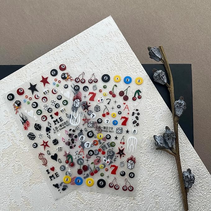 3D Nail Stickers for Pool & Dice Design - Cartoon Style Press-on Nail Art Decals (2 Sheets) - Cute Textured Manicure DIY Accessories