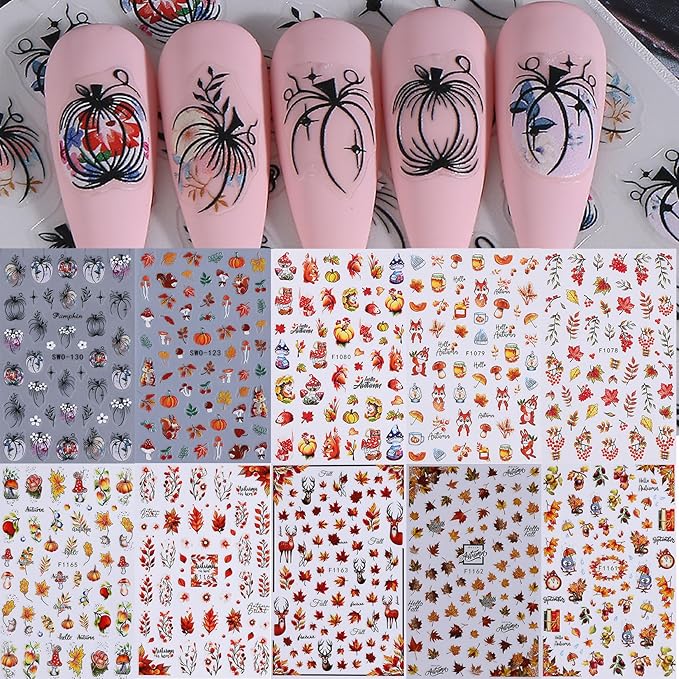 Fall Pumpkin Nail Stickers Decals 10PCS Autumn Maple Leaves Designs for Nails Art Squirrel Mushroom 3D Self-Adhesive Sliders Manicure Fall Nail Art Stickers Supplies for Women DIY Holiday Decoration
