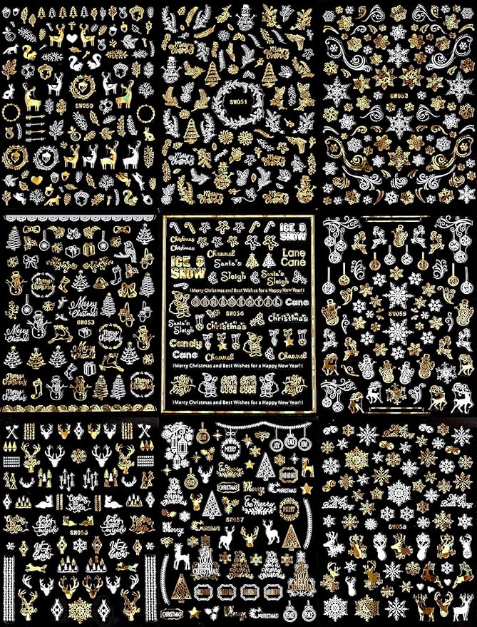 9 Sheets Christmas Nail Art Stickers Decals Self-Adhesive Pegatinas Uñas Gold White Nail Supplies Nail Art Design Decoration Accessories