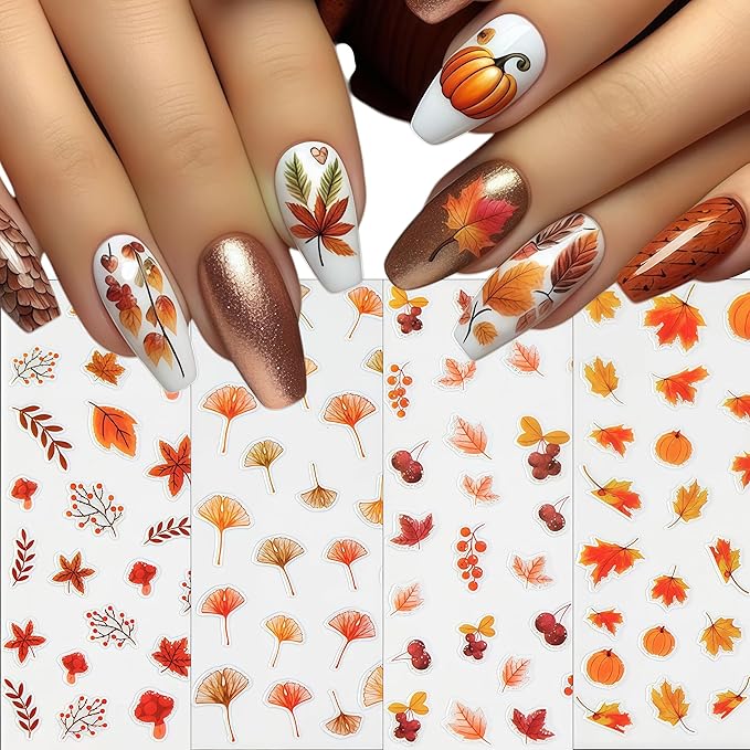 8 Sheets Autumn Maple Leaf Nail Stickers, Thanksgiving Pumpkin Nail Stickers 3D Self-Adhesive Maple Leaf Nail Decals Autumn Glitter Ginkgo Leaf Nail Decals for Women Nail Designs