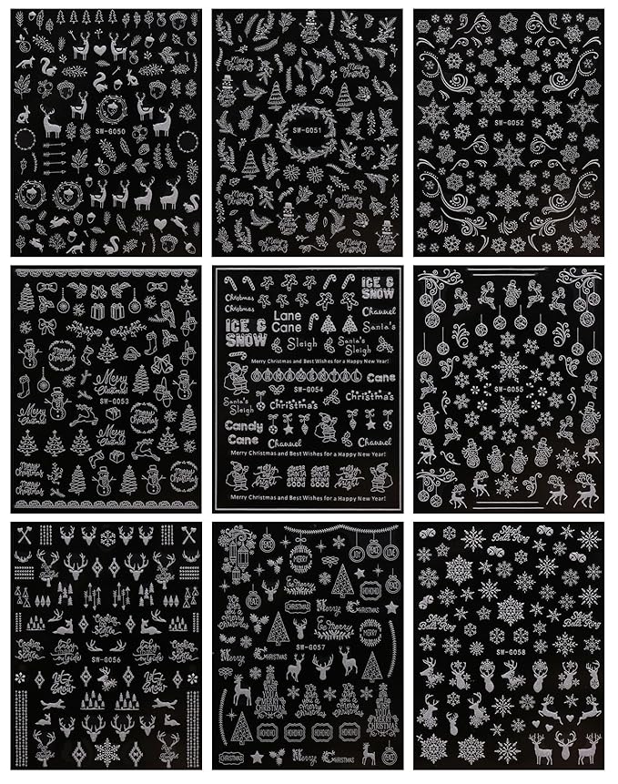 JMEOWIO 9 Sheets Christmas Glitter Nail Art Stickers Decals Self-Adhesive Snowflake Winter Holiday White Nail Supplies Nail Art Design Decoration Accessories