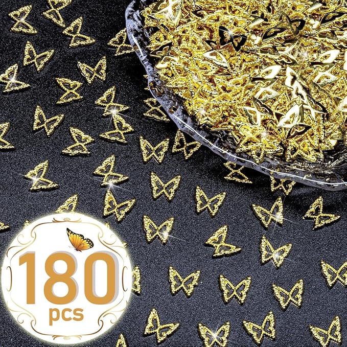 Golden Butterfly Nail Charms - 180pcs 3D Butterflies for Acrylic Nails, Alloy Studs, Jewels Decoration Supplies, DIY Crafts