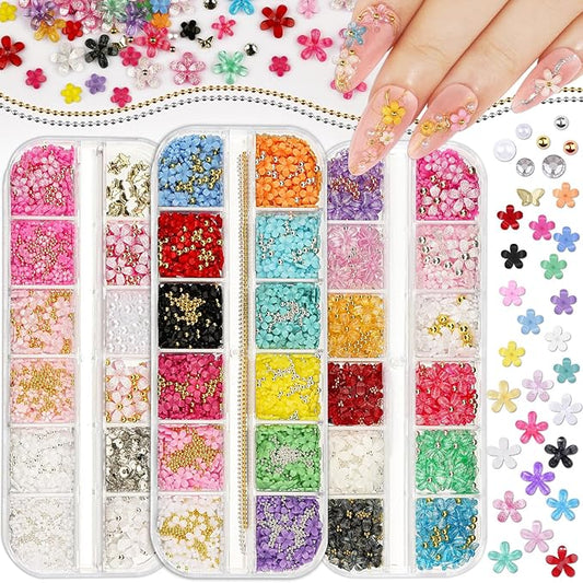 3 Boxes 3D Flower Nail Charms and Gems - Colorful Nail Flower & Metal Butterfly Charms Clear Rhinestones Gemstones Silver/Gold Caviar Beads White Pearls with Nail Chain for DIY Nails (14-S3-Mixed3)