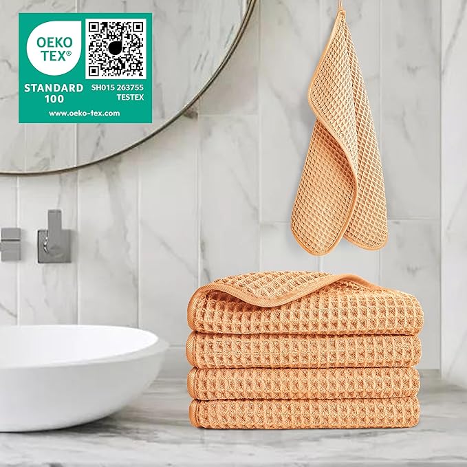 POLYTE Microfiber Lint Free Washcloth Face Towel, 13 x 13 in, 4 Pack (Waffle Weave)