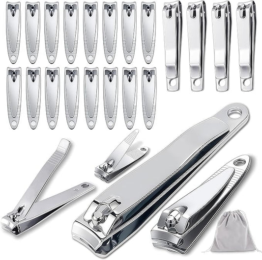 20-Pack Stainless Steel Fingernail Toenail Nail Clippers Bulk Set - 16 Small +4 Medium Size Nail Care Set Toe & Finger Nail Clipper for Men/Women Travel, Homeless Care Supplies