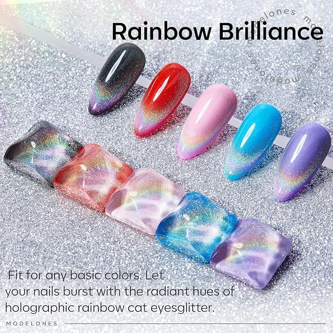 modelones Cat Eye Rainbow Gel Nail Polish Silver Glitter Holographic Glass 9D Cat Eye Gel Polish with Magnet Stick Soak Off U V Nail Lamp Summer Nail Art Top Coat Manicure Salon DIY Home 15 ML