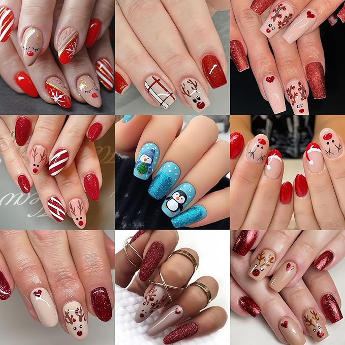 6 Pcs Christmas Nail Art Stickers 3D Self-Adhesive Glitter Christmas Snowflake Elk Blue Penguin Nail Decals Winter Christmas Tree Nail Design Red Glitter Elk Nails Supplies for Women DIY Manicure