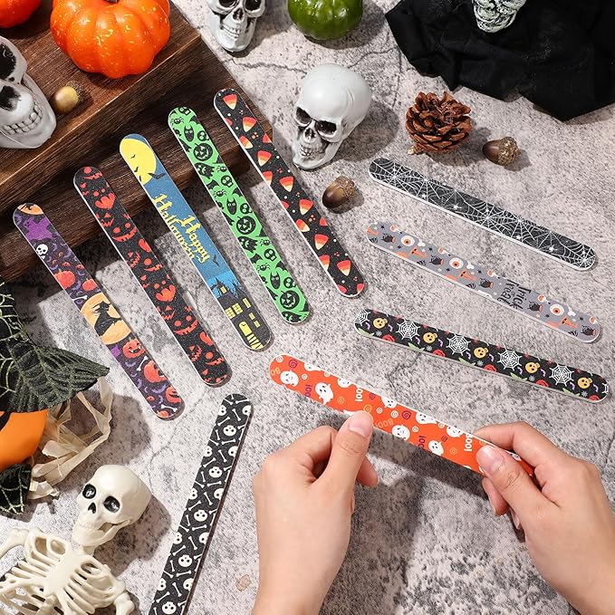 100 Pcs Halloween Nail Files Gift for Women 7 Inch Large Emery Board Nail File for Natural Nails Double Sided 180 Grit Pumpkin Bat Spider Skull Emery Board Manicure Tools for Party Supplies