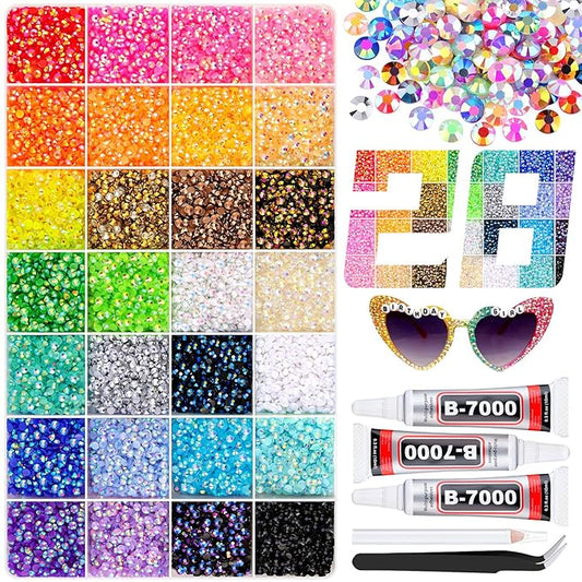 32000Pcs Resin Rhinestones with 3Pcs B7000 Jewelry Glue for Crafting, Multicolors 3mm Non Hotfix Flatback Gems, Bedazzling Crystal for DIY Crafts Clothing Tumblers Mugs Shoes Fabric Decor Nail Art