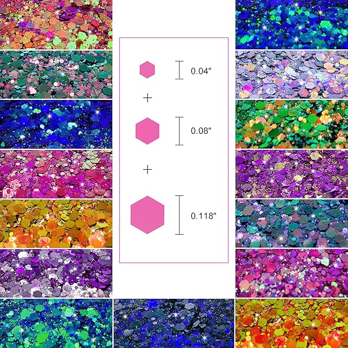 Nail Glitter SUPGIFT 15 Colors 130g Holographic Chunky Cosmetic Chameleon Sequins for Makeup Hair Body Art Slime Craft Resin with Brush 5 Spoons