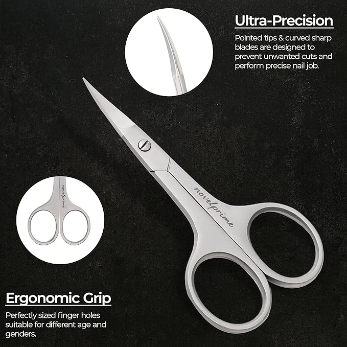 Novel Prime| Stainless Steel Cuticle Scissor with Extra Fine Curved Blade| Nail Scissors for Precise Pointed Tips| Manicure Scissors for Grooming and Eyebrows with Premium Leather Pouch (1 Count)