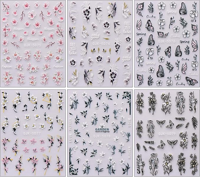 JMEOWIO 6 Sheets 3D Embossed Spring Flower Nail Art Stickers Decals Self-Adhesive Pegatinas Uñas 5D Colorful Summer Floral Leaf Nail Supplies Nail Art Design Decoration Accessories