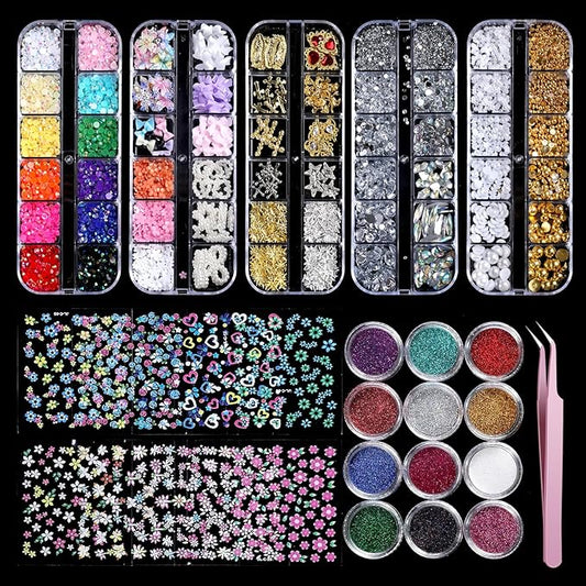 Nail Charms,Nail Gems, Flower Bow Butterfly Nail Charms and Gems,Nail Art Studs and Rhinestones,Nail Decorations Kit with Gold Beads,White Pearls for Nails,Nail Glitters and Stickers